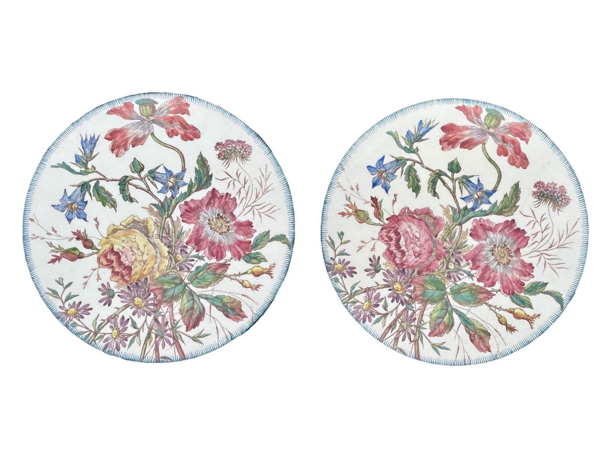 Longchamp - Pair Of Iron Earth Plates Decorated With Field Flowers - D.32.5 Cm.