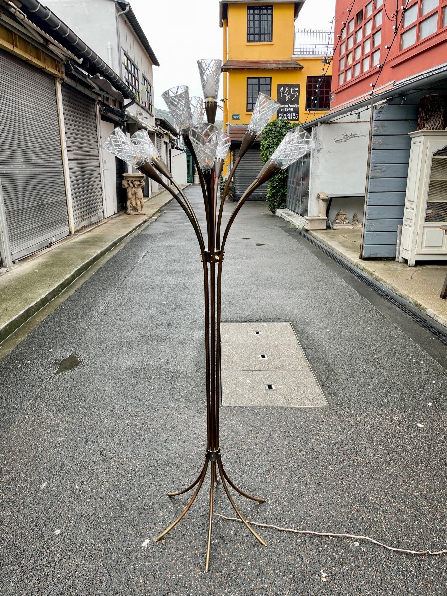  Floor Lamp With Eleven Lights In Patinated Brass And Crystal. -photo-1