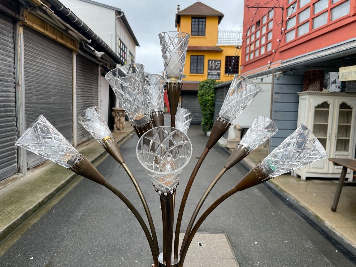  Floor Lamp With Eleven Lights In Patinated Brass And Crystal. -photo-2