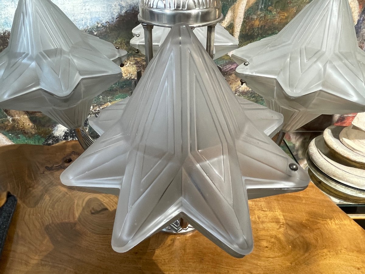 Genet & Michon - Ceiling Light In Chromed Metal And Pressed Glass, Perfect Condition. - 53 Cm -photo-3