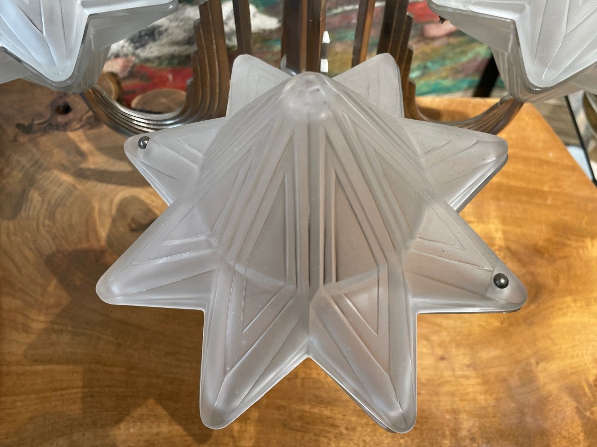 Genet & Michon - Ceiling Light In Chromed Metal And Pressed Glass, Perfect Condition. - 53 Cm -photo-4