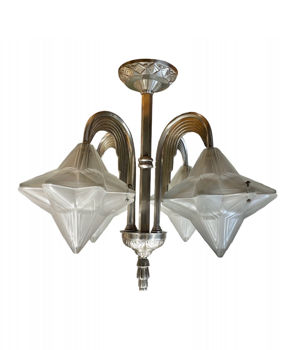 Genet & Michon - Ceiling Light In Chromed Metal And Pressed Glass, Perfect Condition. - 53 Cm 