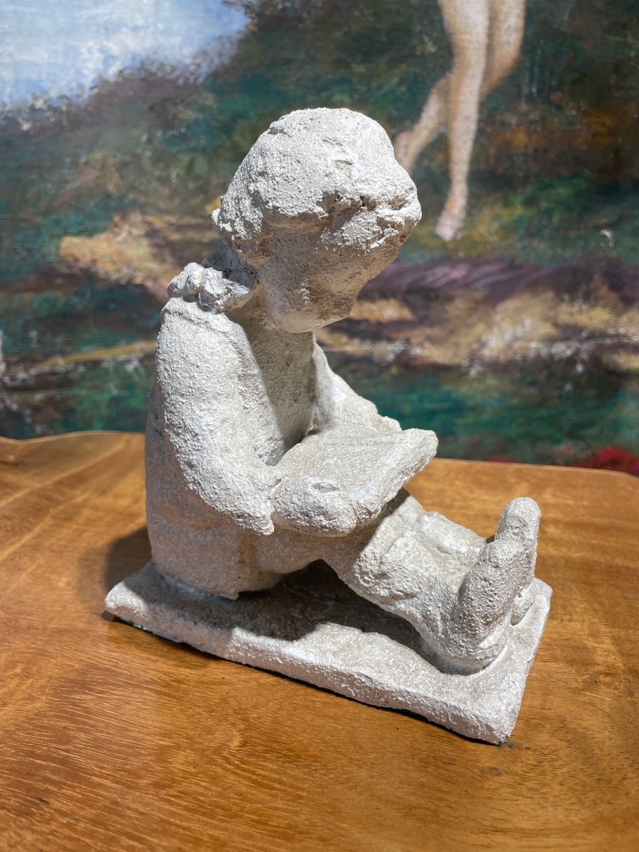 French School From The Early 20th Century - Child Reading, Plaster - High. : 17 Cm. -photo-2