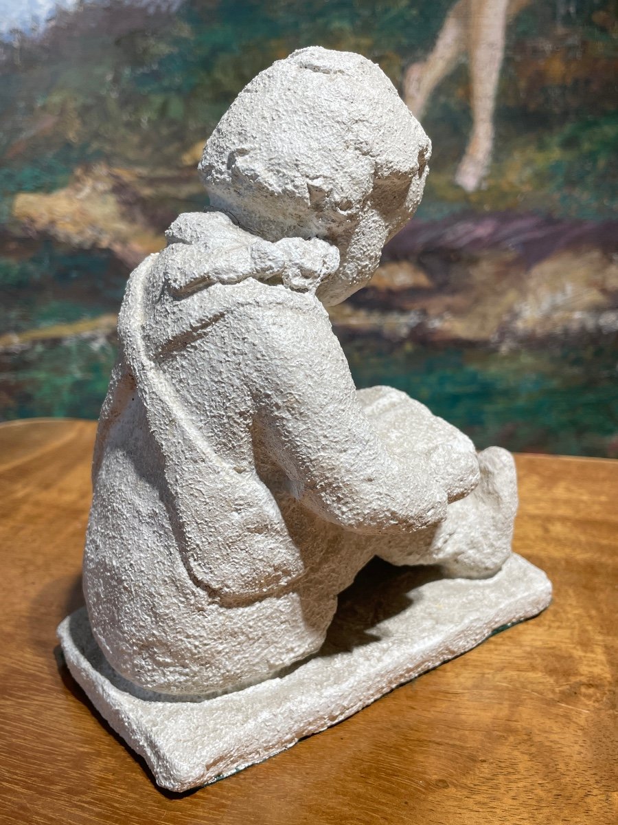 French School From The Early 20th Century - Child Reading, Plaster - High. : 17 Cm. -photo-4