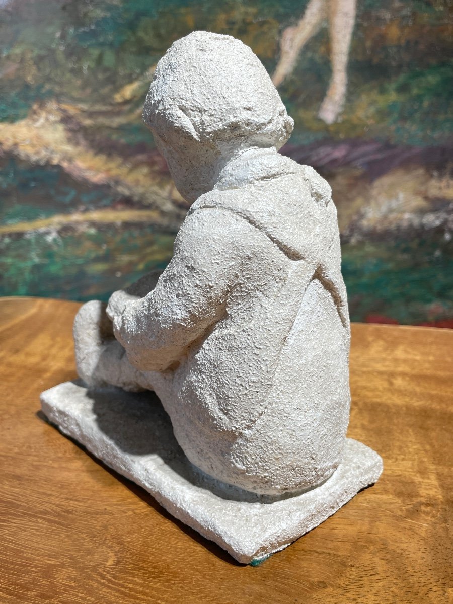French School From The Early 20th Century - Child Reading, Plaster - High. : 17 Cm. -photo-2