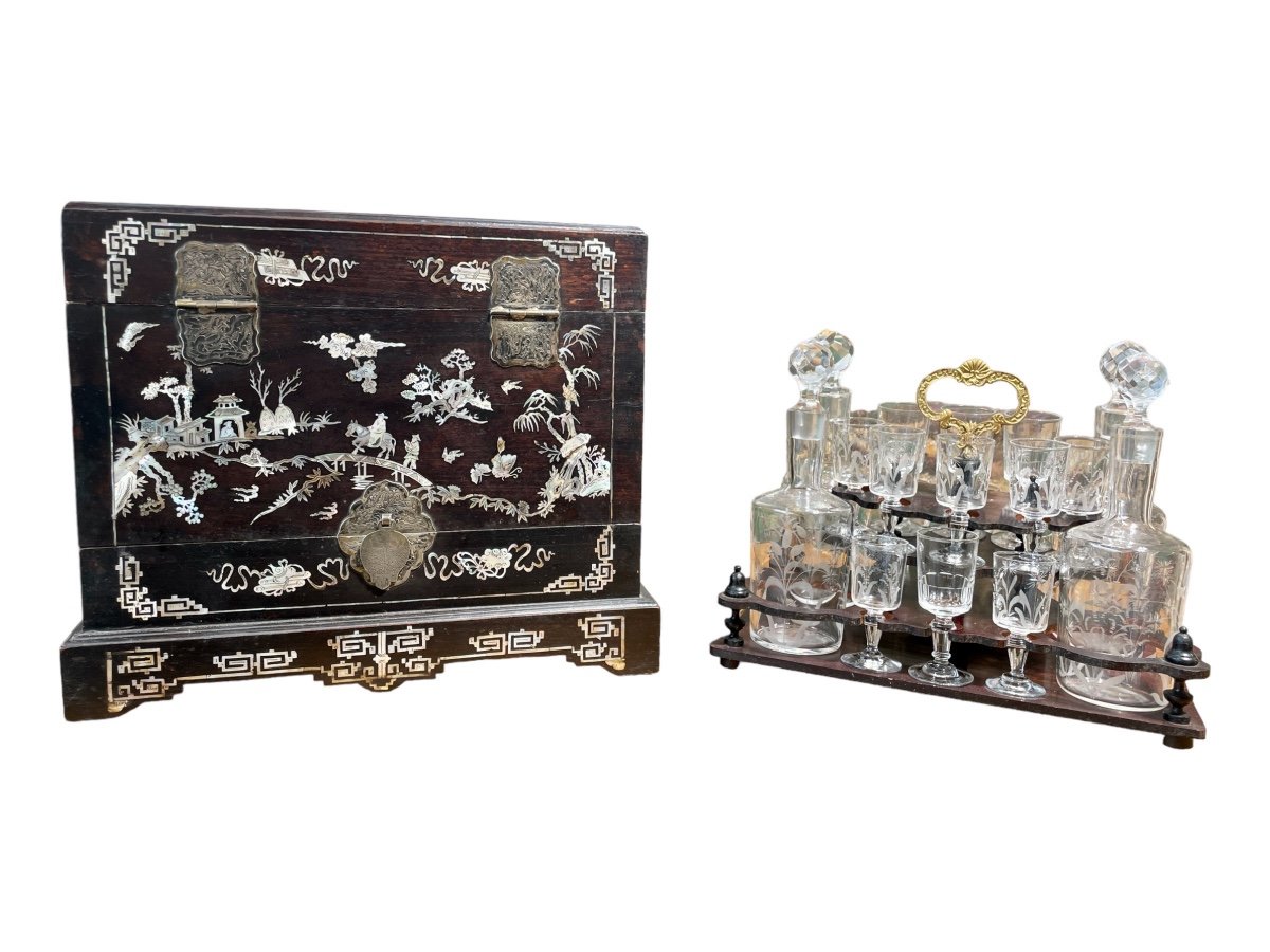 Indochina - Ironwood Liqueur Cellar With Rich Burgoté Mother-of-pearl Decor, Late 19th Century - H. 28.5-photo-2