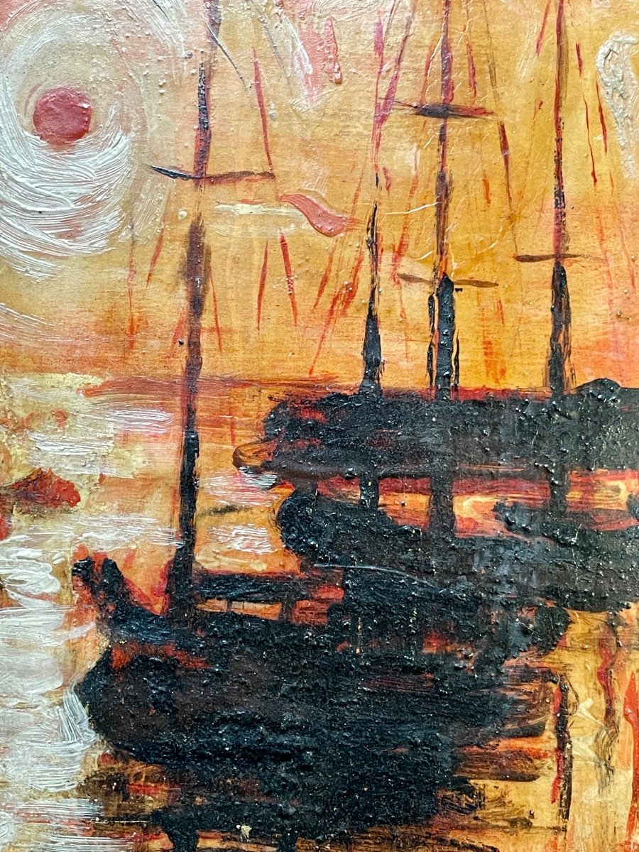 Francisco Arias - Soleil Couchant Et Bateaux, Huile Sur Panneau, Encadrée - H. : 60 Cm. -photo-4