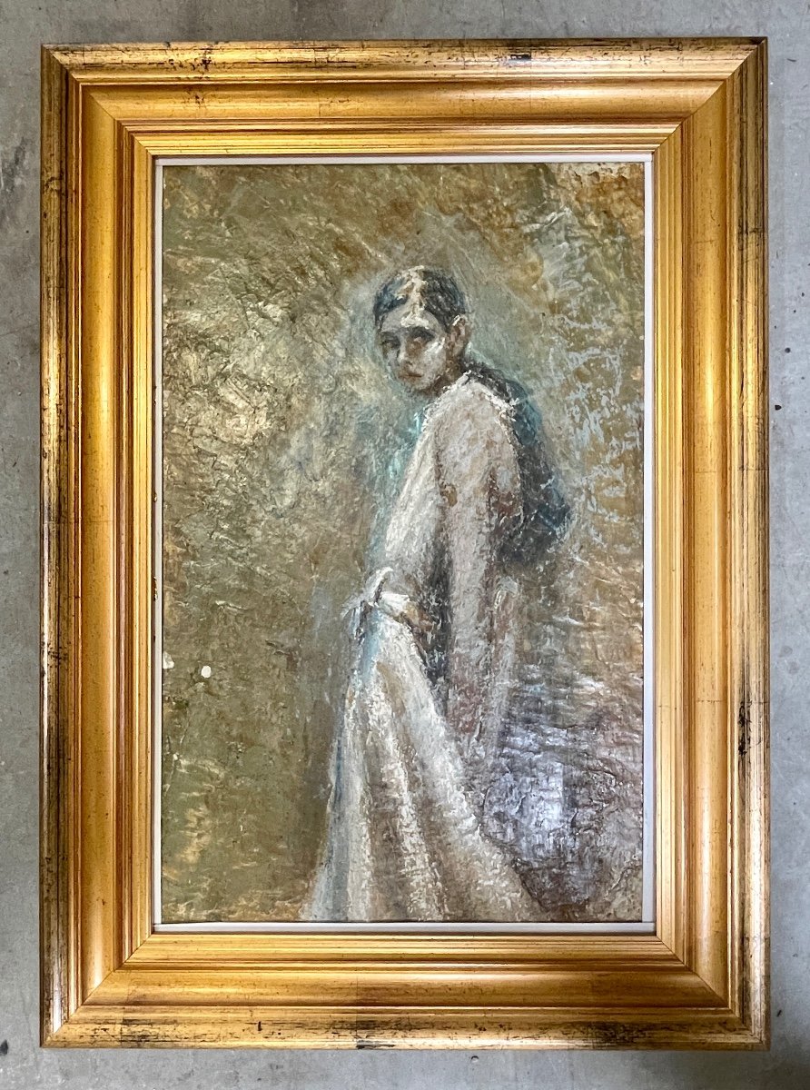 Francisco Arias - Young Girl With Blue Hair, Oil On Hardboard, Framed - H.: 52 Cm. -photo-2