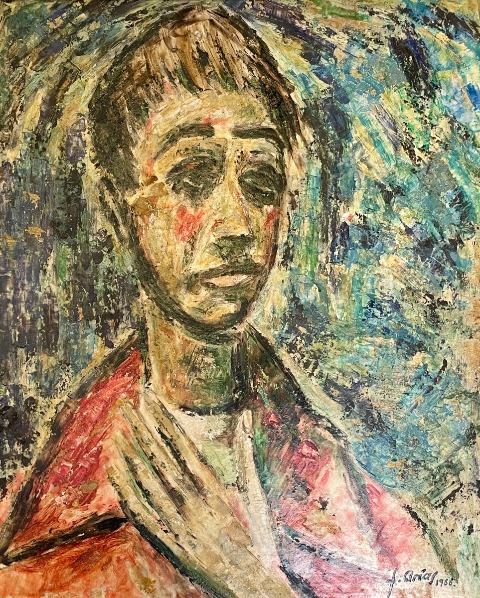 Francisco Arias - Sad Young Man, Oil On Hardboard, Framed - H.: 61 Cm. 