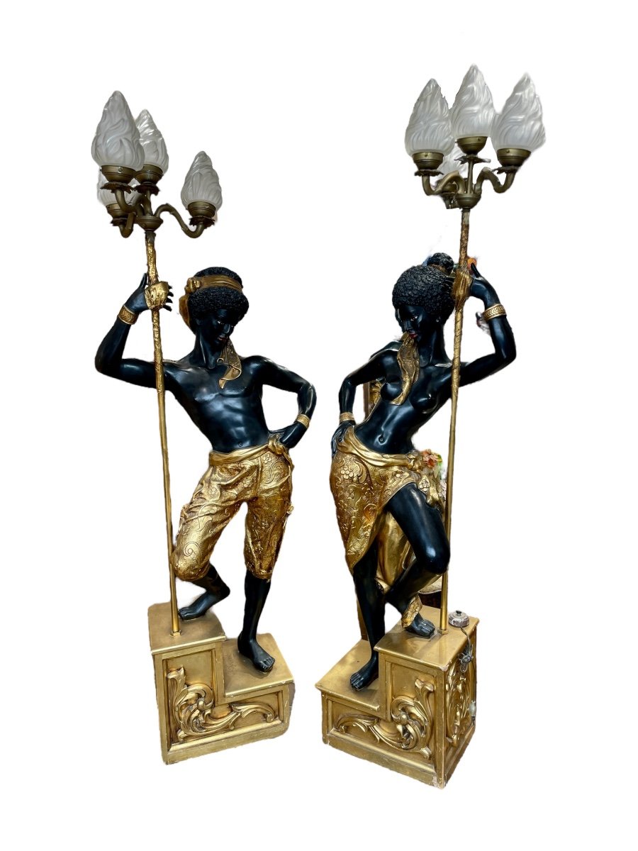 Couple Of Nubian Torchiere Holders, Arp Workshops - Haut. : 190 Cm. 