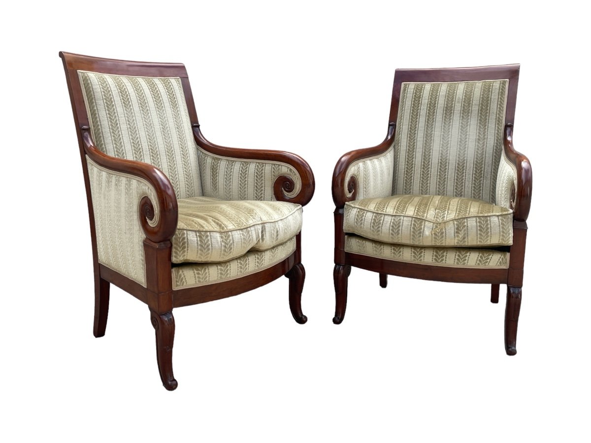 Pair Of Mahogany Bergères, Louis-philippe Period, Stamped By étienne Francois Quenne.