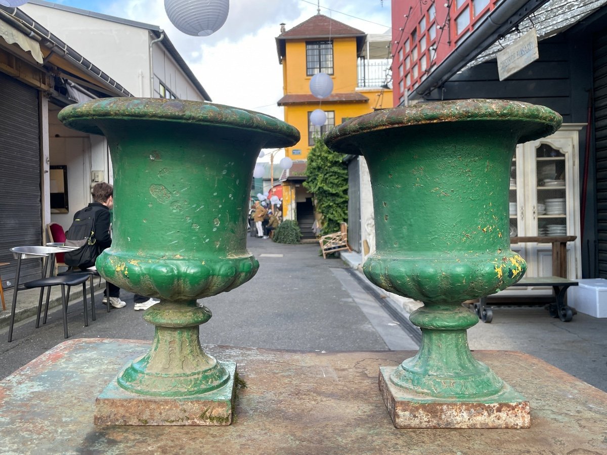 Pair Of Medici Vases In Painted Cast Iron - Napoleon III - Height 44.5 Cm.-photo-2