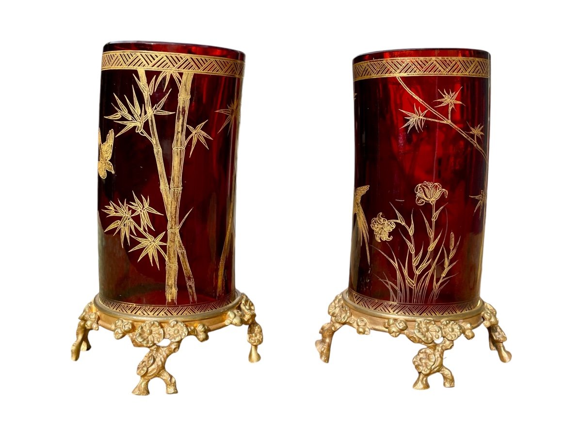 Baccarat - Pair Of Japanese-style Vases, Late 19th Century, Very Good Condition.  