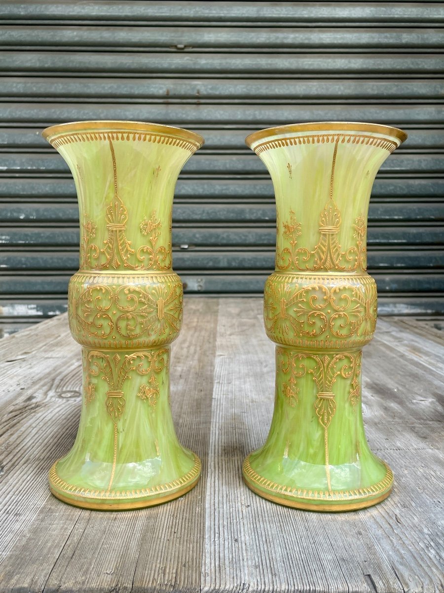 Paire De Vases Cornets En Verre Marmoréen, Napoléon III - Haut. 29,5 Cm.-photo-2