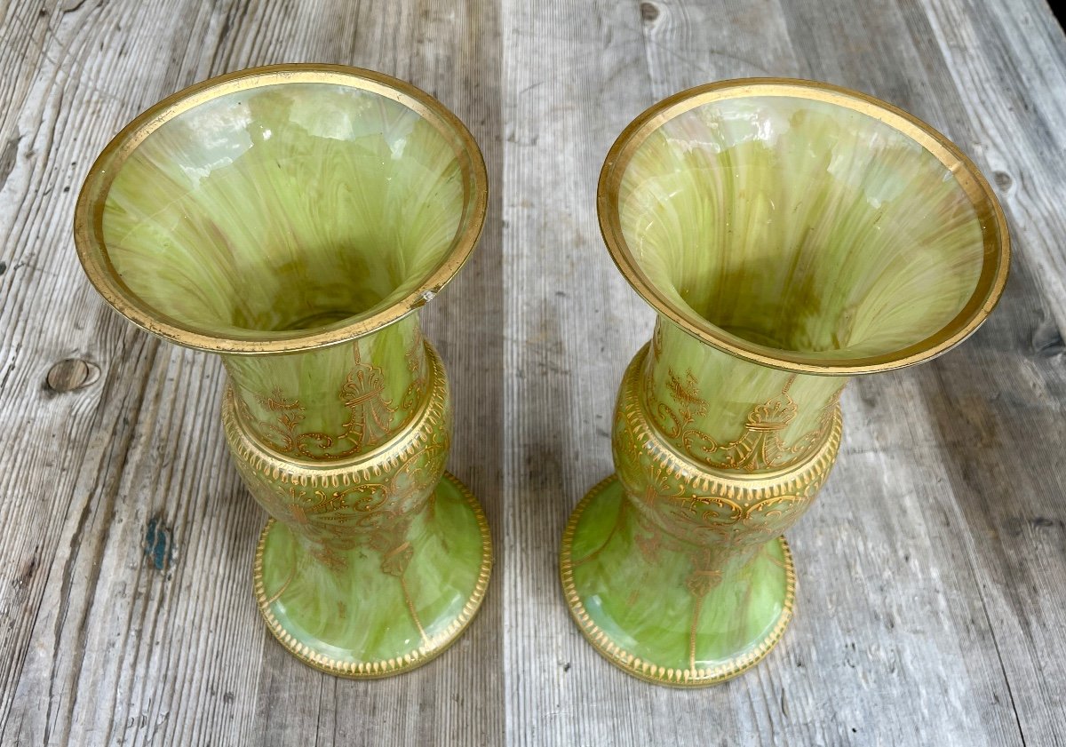 Paire De Vases Cornets En Verre Marmoréen, Napoléon III - Haut. 29,5 Cm.-photo-3