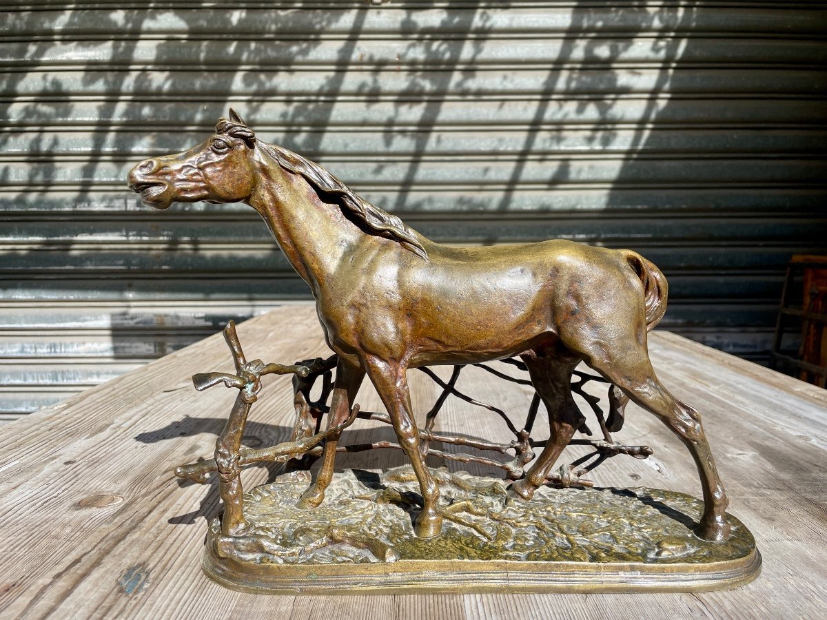 Pierre Jules Mène - Bronze Horse At The Barrier - Width: 36 Cm. -photo-2