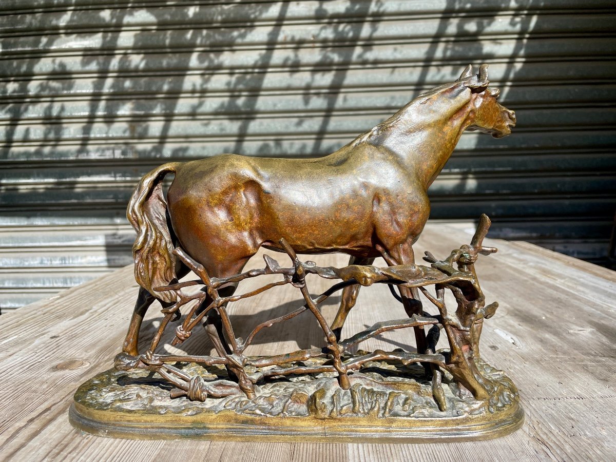 Pierre Jules Mène - Bronze Horse At The Barrier - Width: 36 Cm. -photo-3