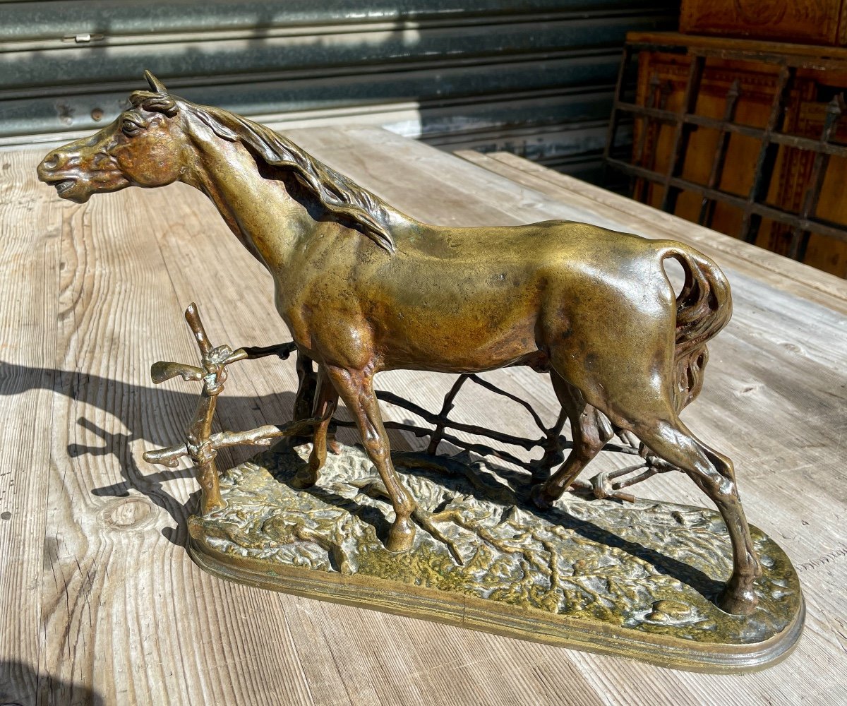 Pierre Jules Mène - Bronze Horse At The Barrier - Width: 36 Cm. -photo-6