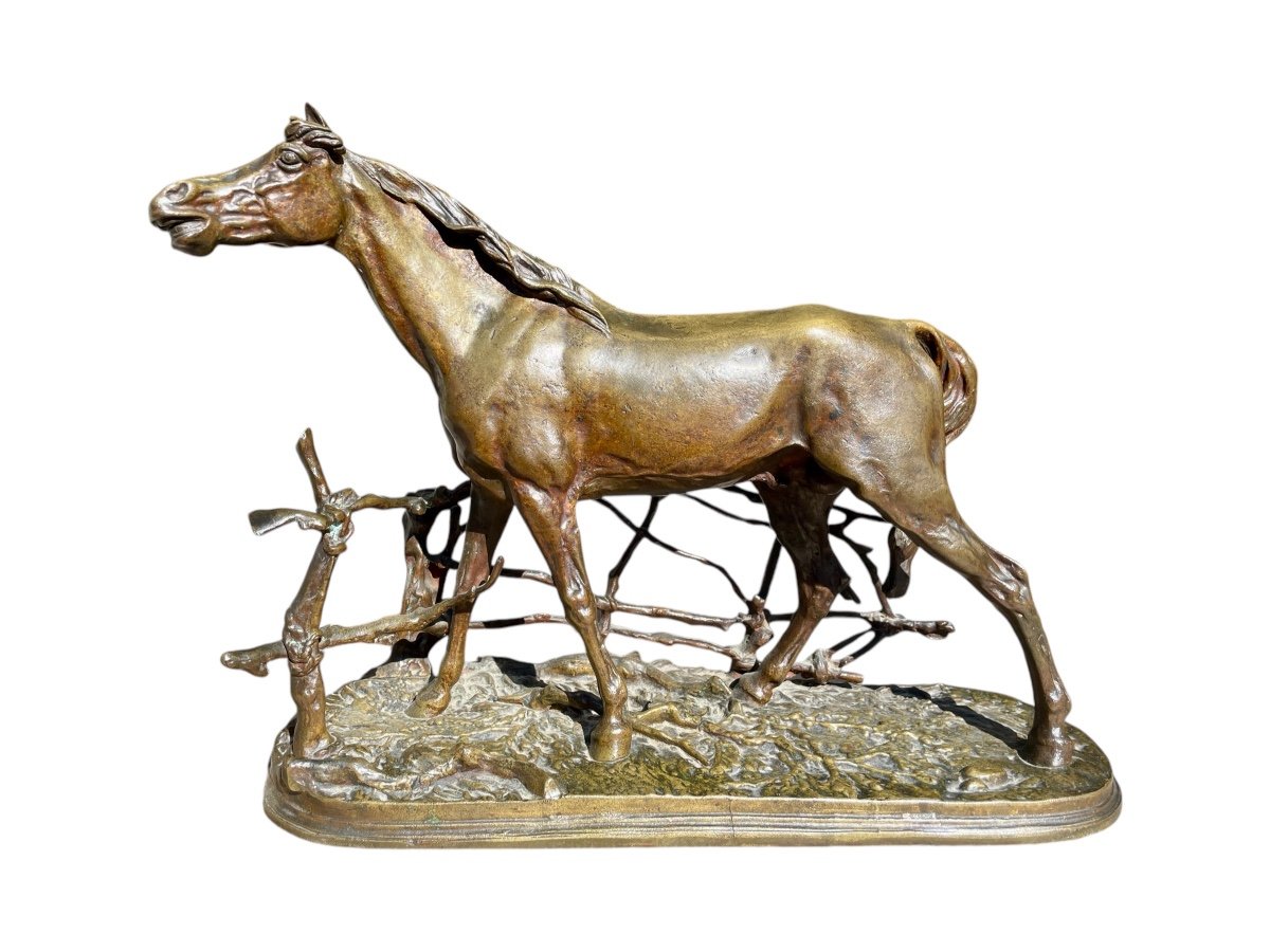 Pierre Jules Mène - Bronze Horse At The Barrier - Width: 36 Cm. 