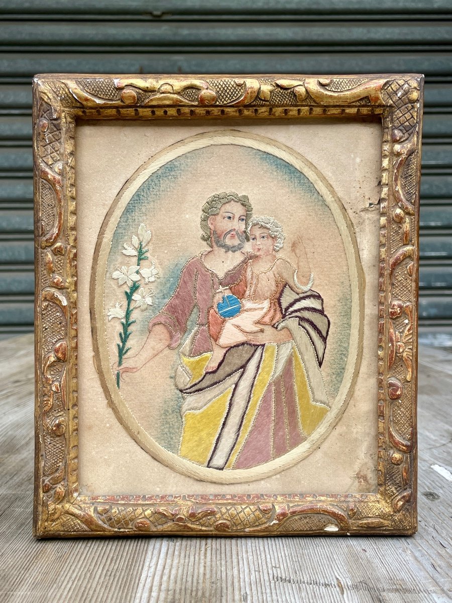 Needlework On Paper - Saint Joseph And The Child Jesus, 19th Century. -photo-2