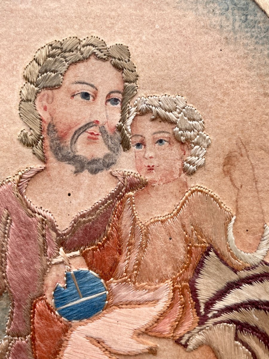 Needlework On Paper - Saint Joseph And The Child Jesus, 19th Century. -photo-3