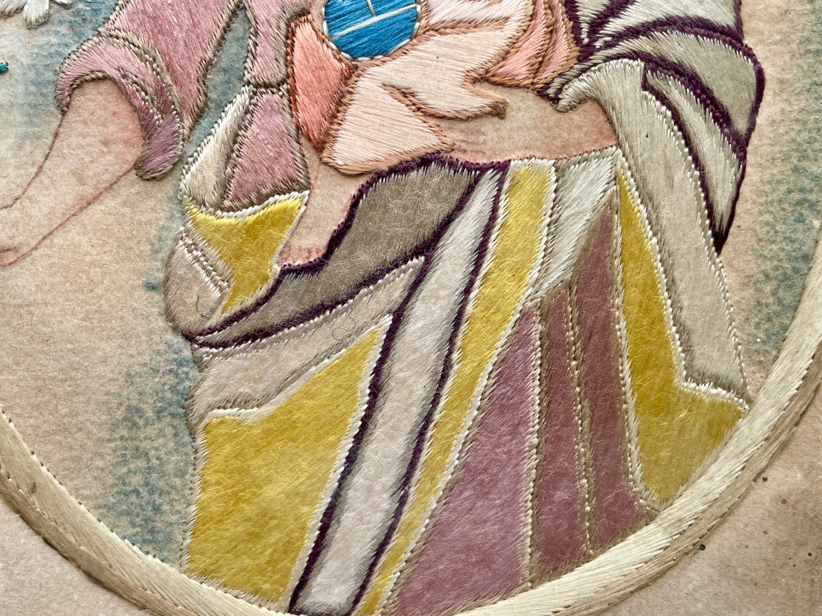 Needlework On Paper - Saint Joseph And The Child Jesus, 19th Century. -photo-1