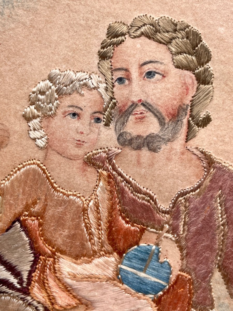 Needlework On Paper - Saint Joseph And The Child Jesus, 19th Century. -photo-3