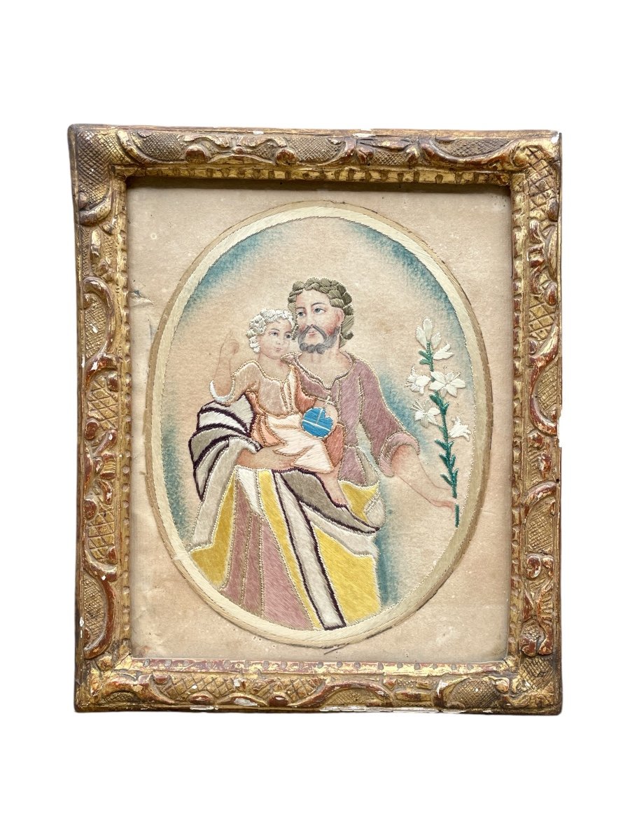 Needlework On Paper - Saint Joseph And The Child Jesus, 19th Century. 