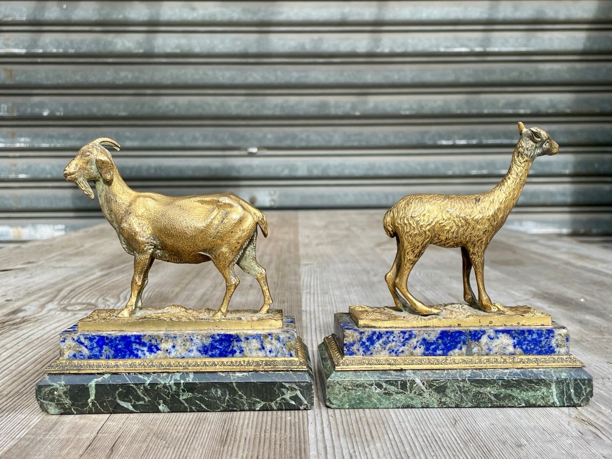 Chèvre Et Lama En Bronze Doré, Bases En Lapis Et Marbre, époque Louis Philippe. -photo-2