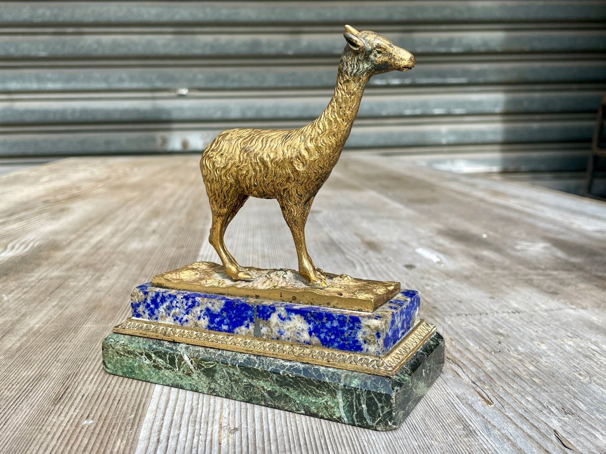 Goat And Llama In Gilt Bronze, Lapis And Marble Bases, Louis-philippe Period. -photo-3