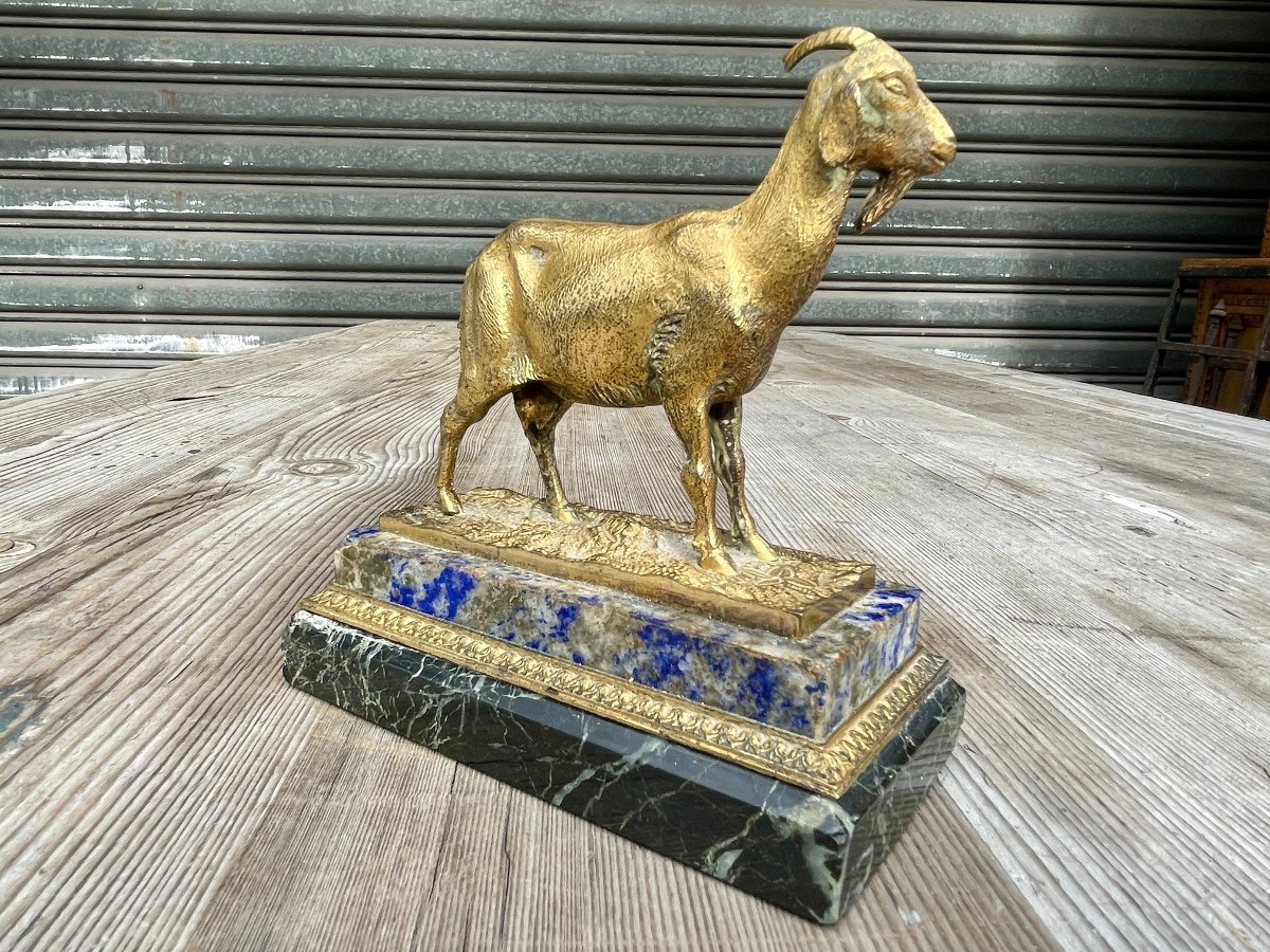 Chèvre Et Lama En Bronze Doré, Bases En Lapis Et Marbre, époque Louis Philippe. -photo-3