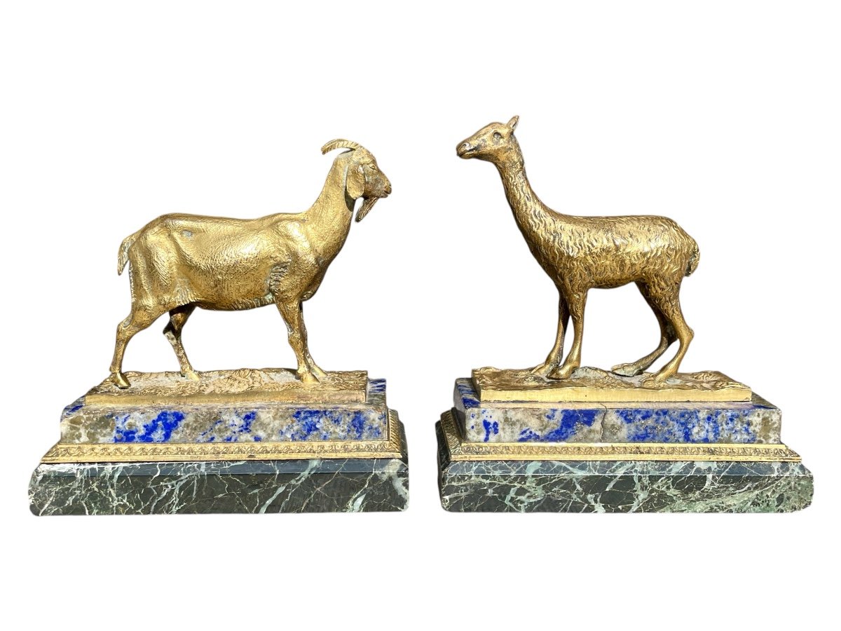 Goat And Llama In Gilt Bronze, Lapis And Marble Bases, Louis-philippe Period. 