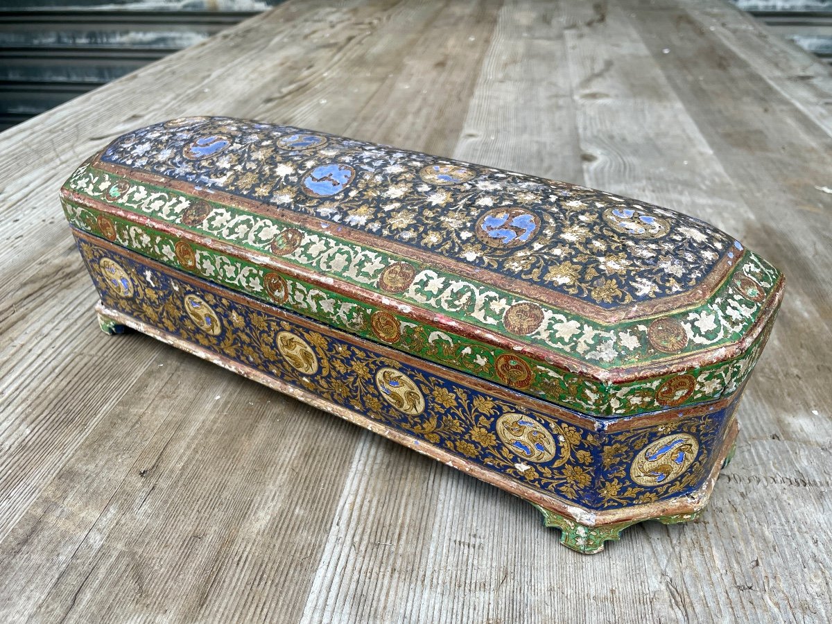 Important Polychrome Wooden Pencil Case, Cashmere, 19th Century - Width: 36.5 Cm. -photo-2