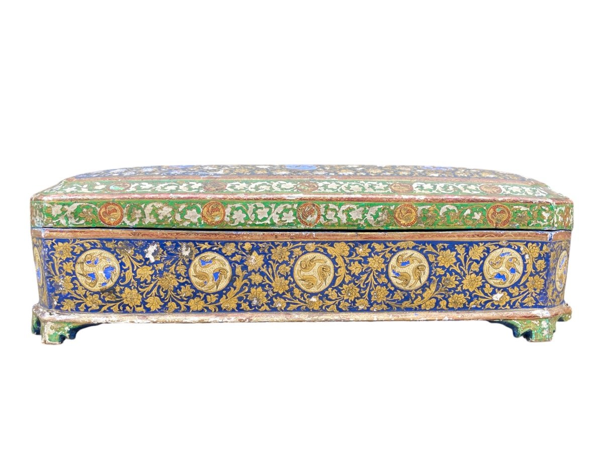 Important Polychrome Wooden Pencil Case, Cashmere, 19th Century - Width: 36.5 Cm. 