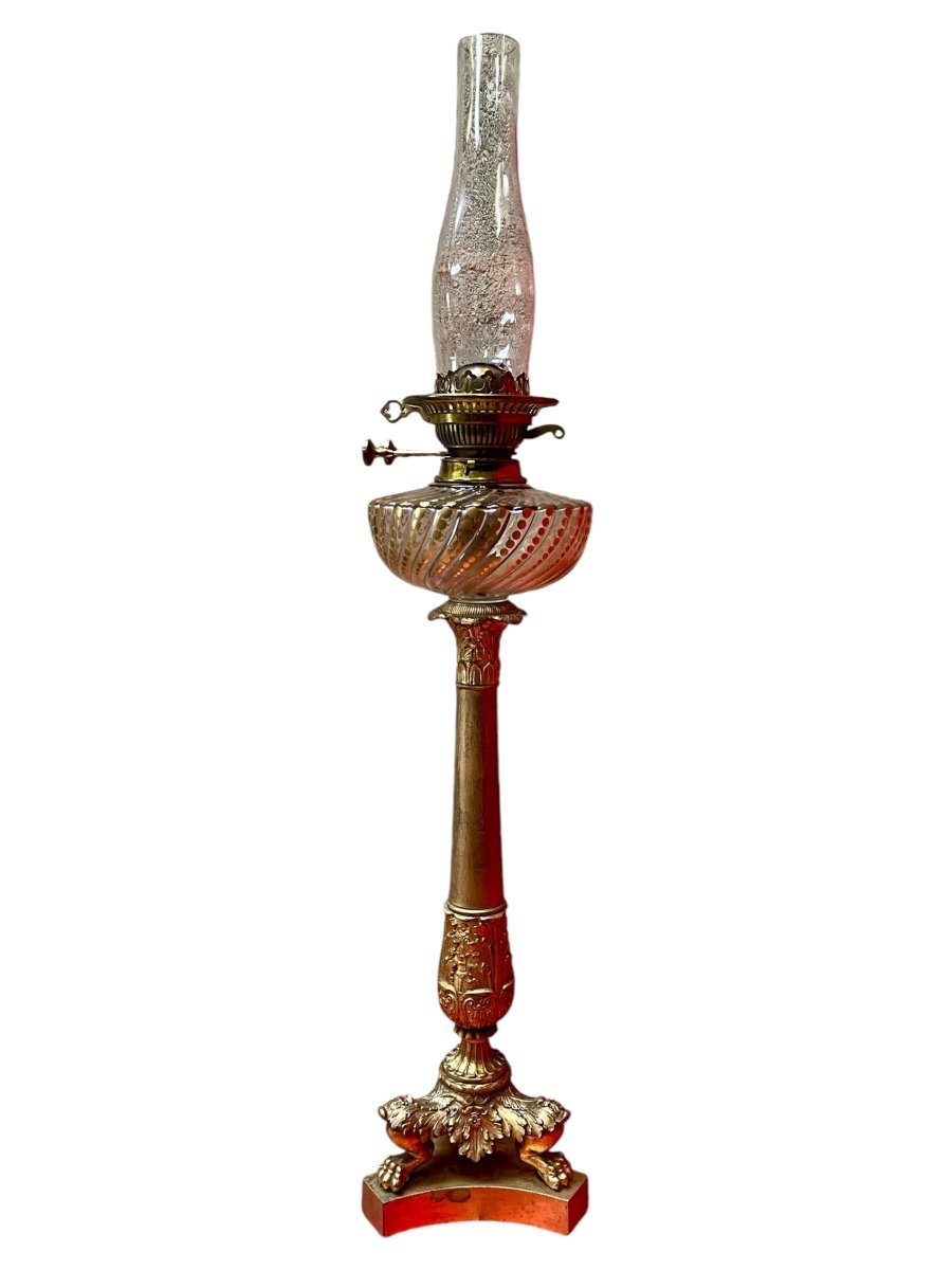 Oil Lamp In Gilt Bronze And Baccarat Crystal, Napoleon III - Height: 84.5 Cm. 