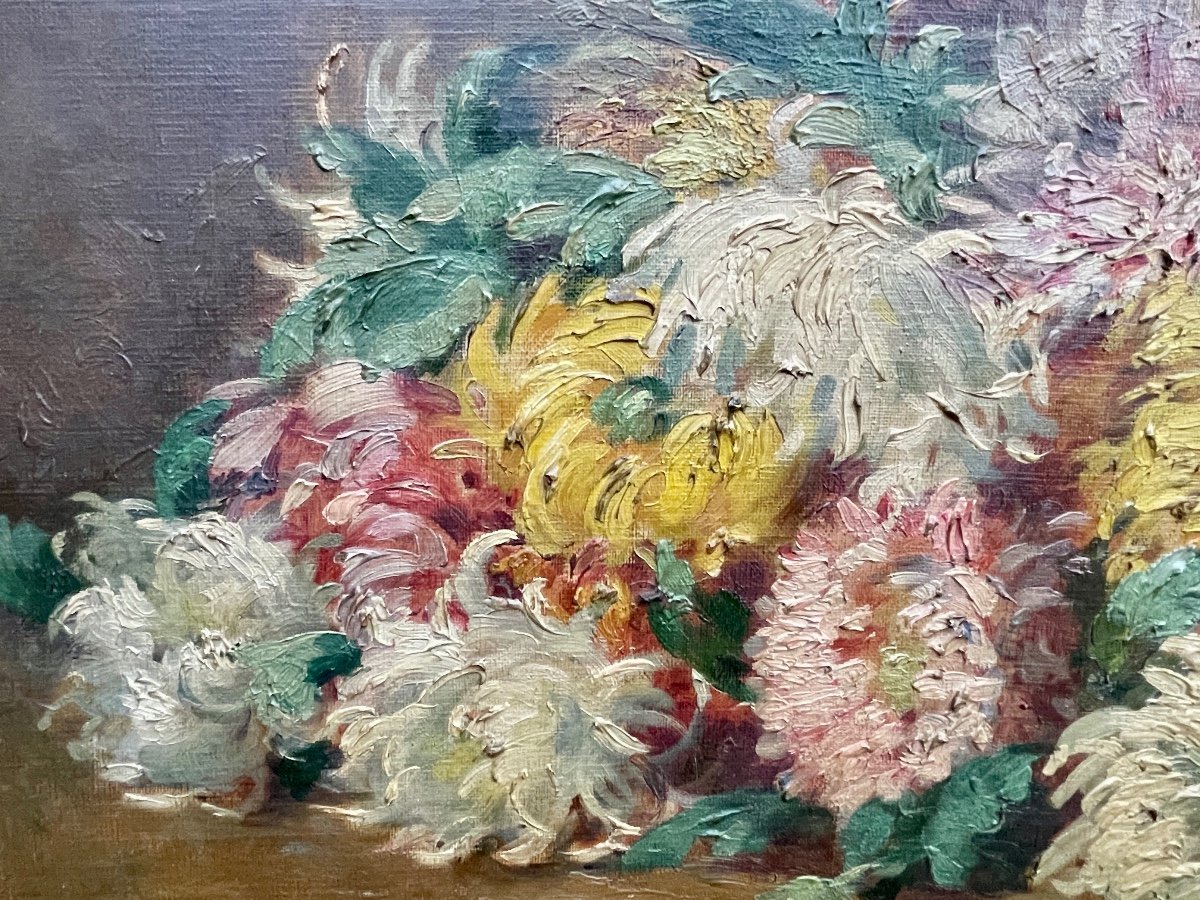 École Française Du Début Du XXe, Chrysanthèmes, Huile Sur Toile - Larg. : 81 Cm. -photo-2