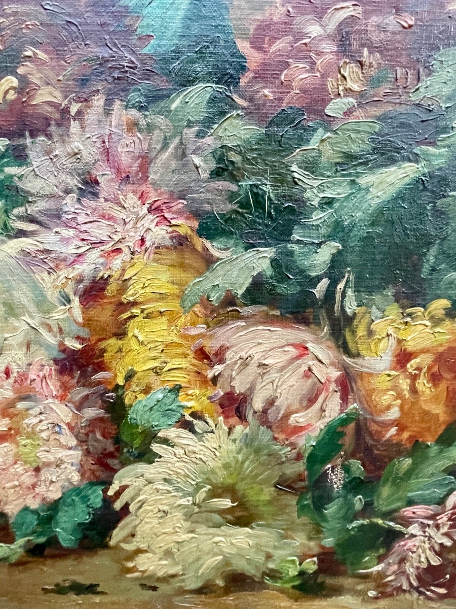 École Française Du Début Du XXe, Chrysanthèmes, Huile Sur Toile - Larg. : 81 Cm. -photo-3