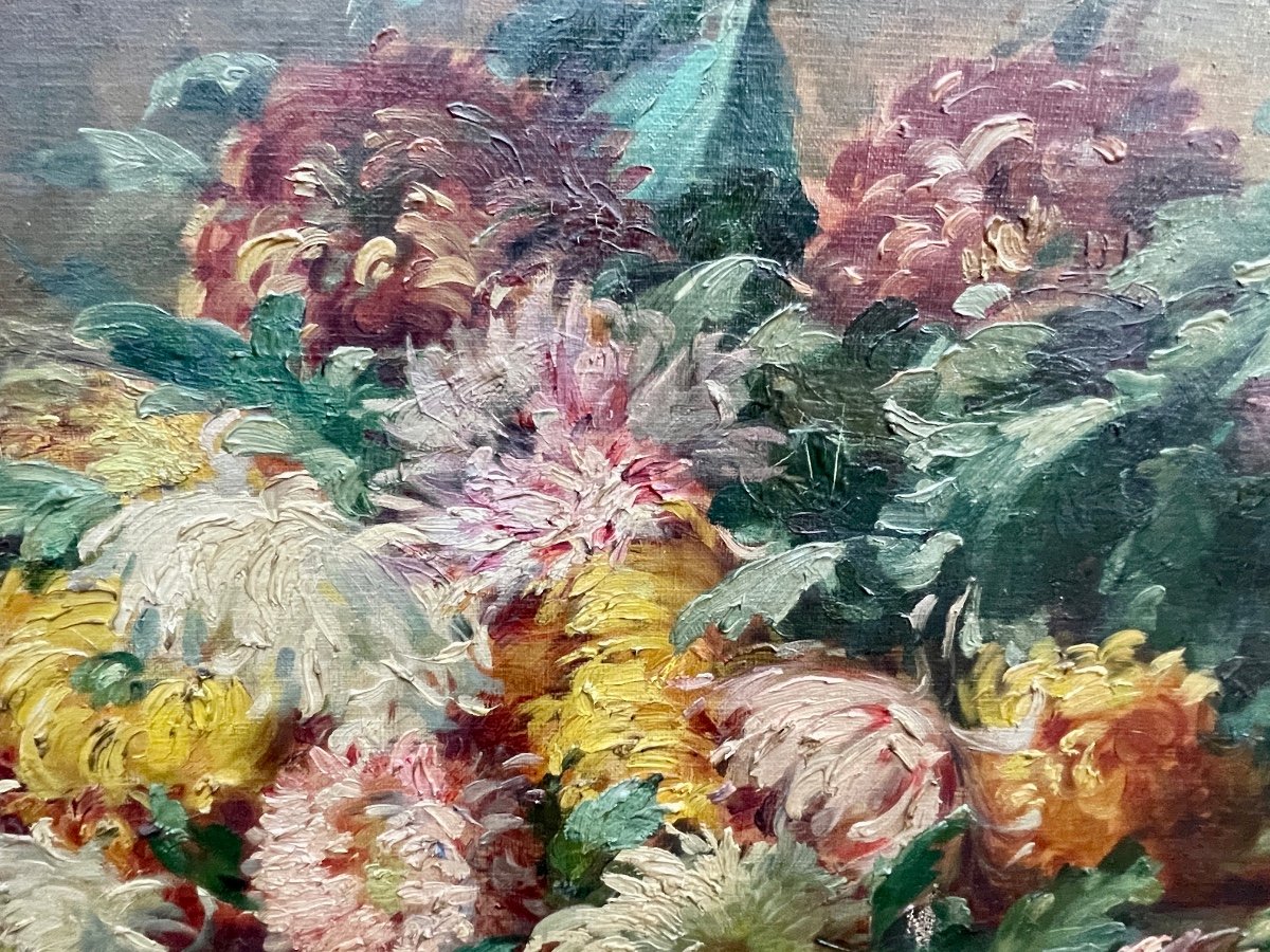 École Française Du Début Du XXe, Chrysanthèmes, Huile Sur Toile - Larg. : 81 Cm. -photo-4