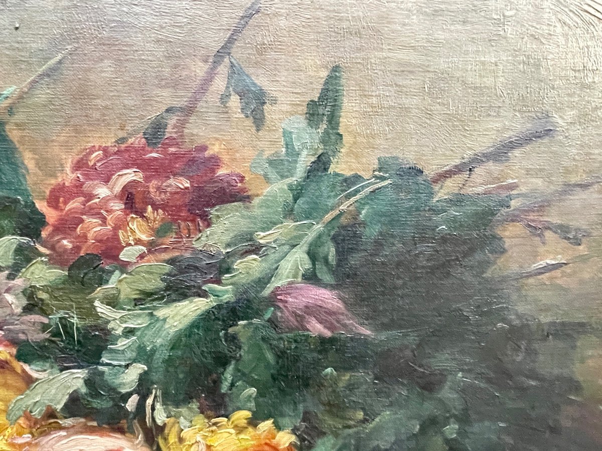 École Française Du Début Du XXe, Chrysanthèmes, Huile Sur Toile - Larg. : 81 Cm. -photo-2