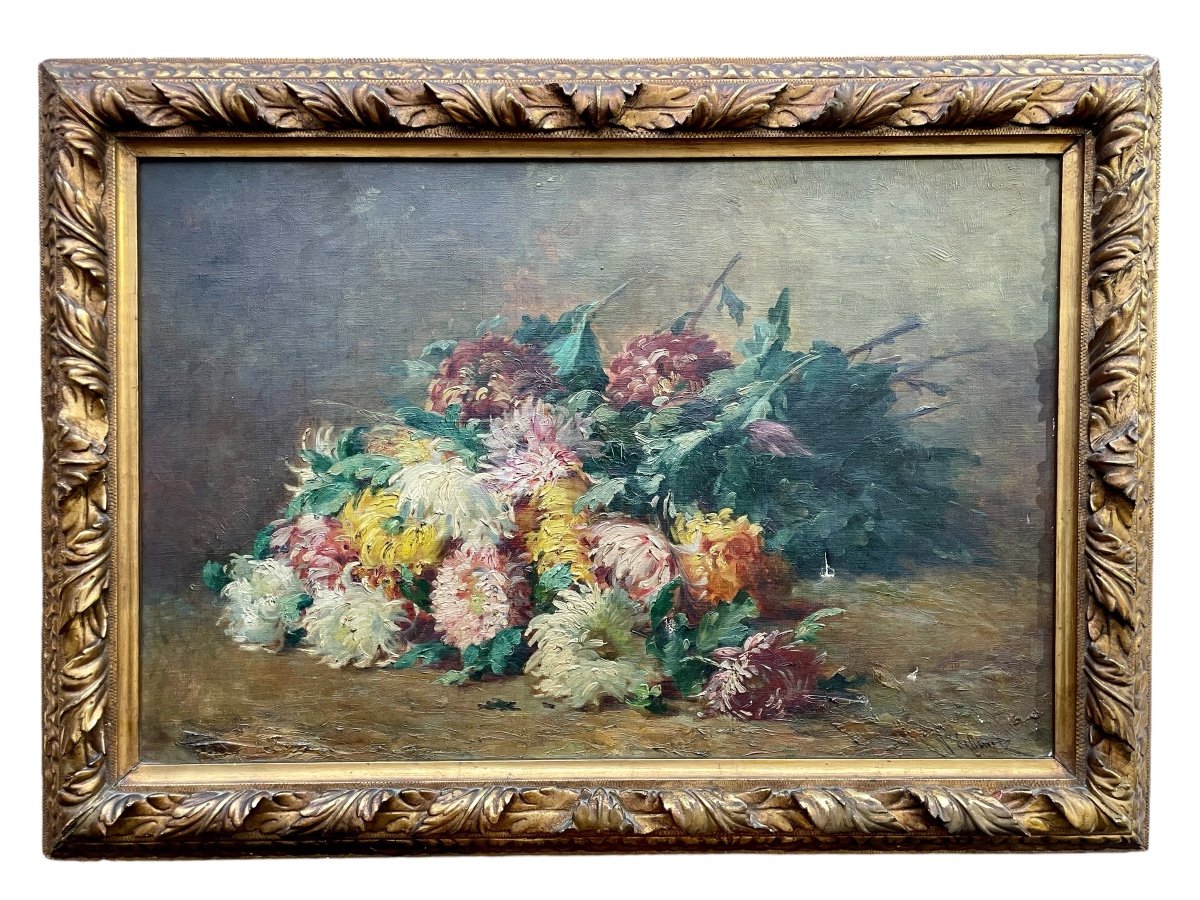 École Française Du Début Du XXe, Chrysanthèmes, Huile Sur Toile - Larg. : 81 Cm. -photo-7