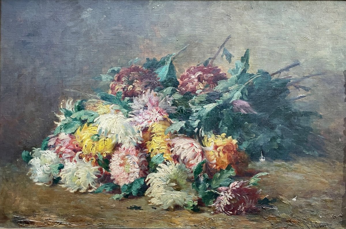 École Française Du Début Du XXe, Chrysanthèmes, Huile Sur Toile - Larg. : 81 Cm. 