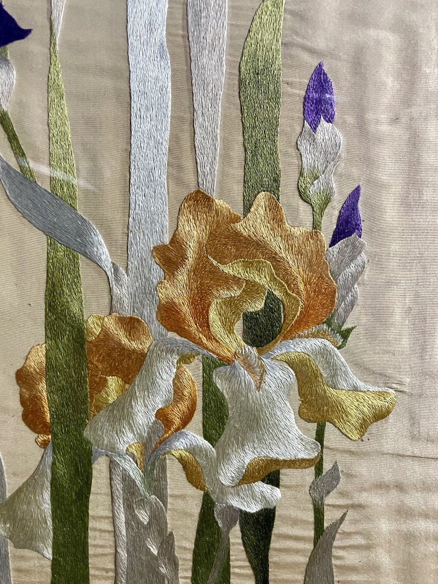 Needlework On Silk, Irises - Height: 111 Cm. -photo-2