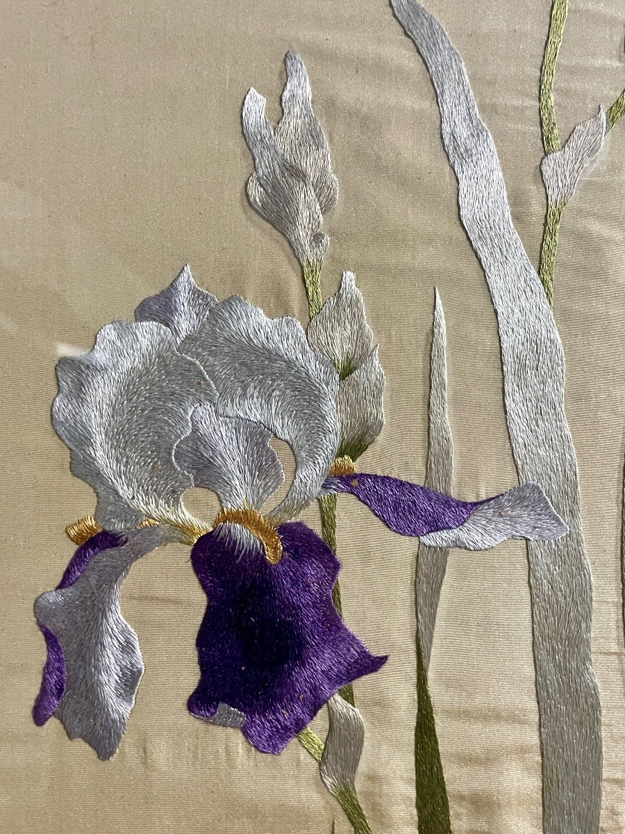 Needlework On Silk, Irises - Height: 111 Cm. -photo-3