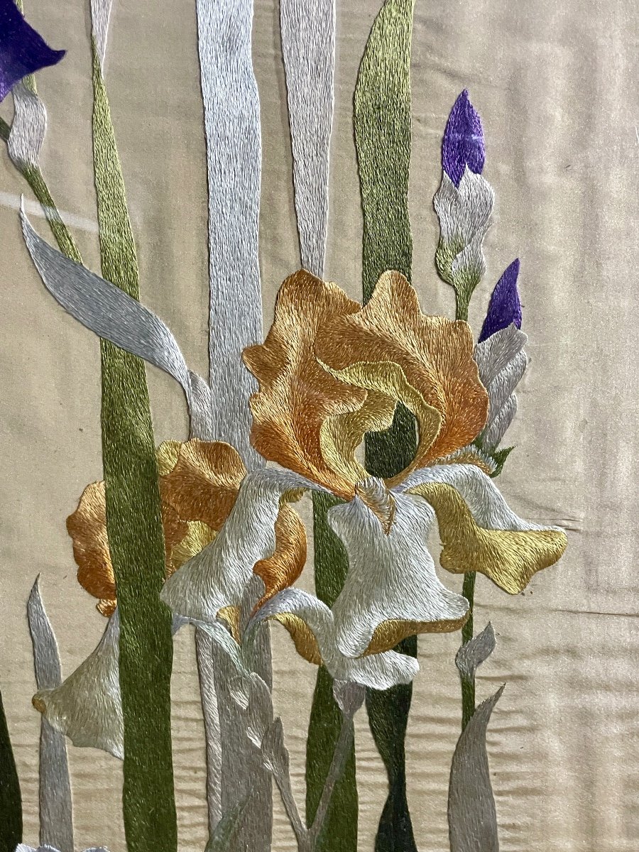 Needlework On Silk, Irises - Height: 111 Cm. -photo-2