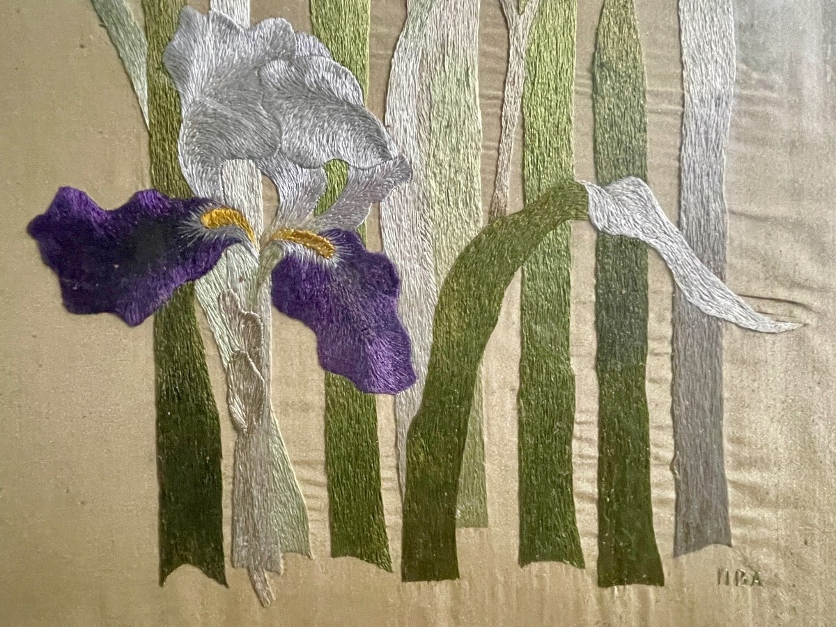 Needlework On Silk, Irises - Height: 111 Cm. -photo-3