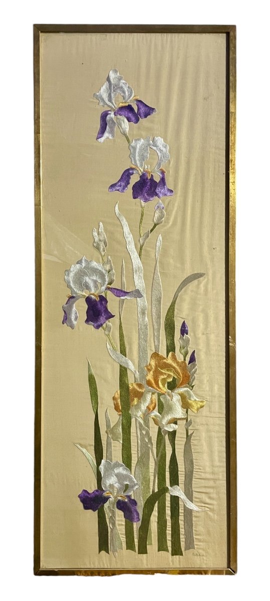 Needlework On Silk, Irises - Height: 111 Cm. -photo-5