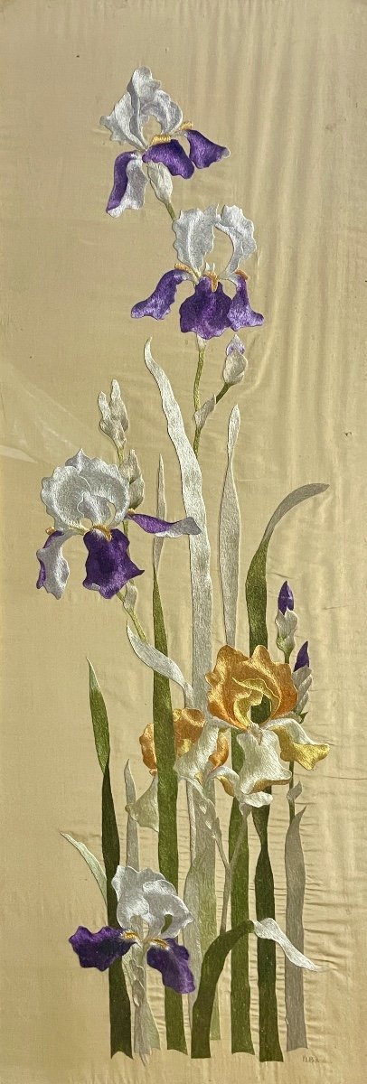 Needlework On Silk, Irises - Height: 111 Cm. 