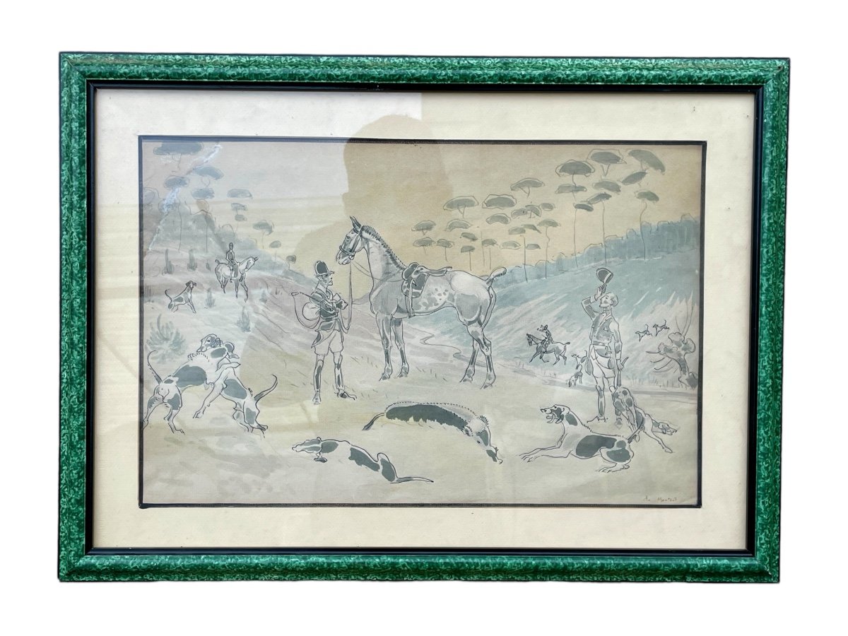 De Monteil (20th Century), The Hunt, Watercolor On Paper - Width: 45 Cm.  -photo-4