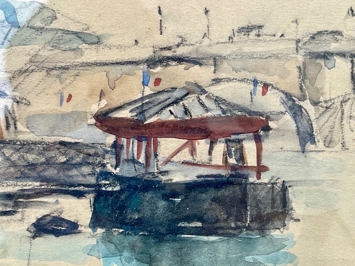 Roger Bertin (1915-2003), Le Pont Neuf, 1956 - Watercolor And Charcoal - Width: 56 Cm. -photo-2