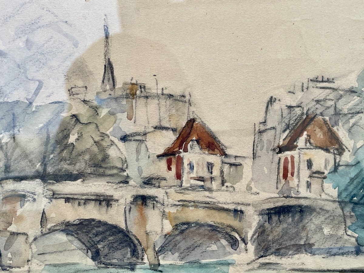 Roger Bertin (1915-2003), Le Pont Neuf, 1956 - Watercolor And Charcoal - Width: 56 Cm. -photo-4